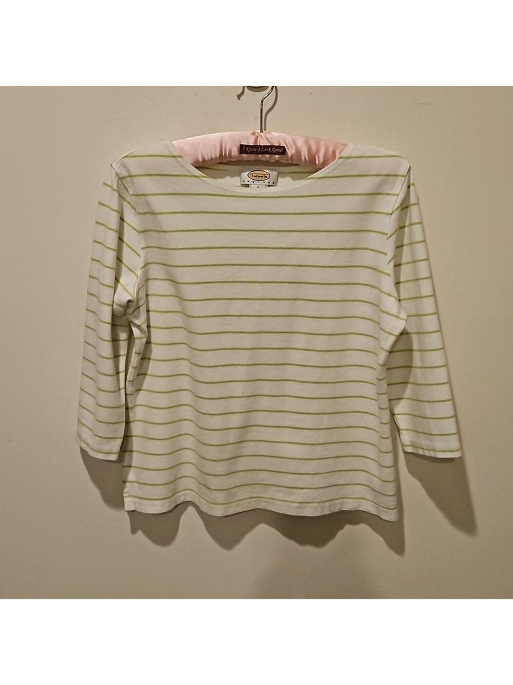TALBOTS WOMEN'S WHITE WITH GREEN STRIPES 3/4 SLEEVED PULLOVER TOP SIZE SP
